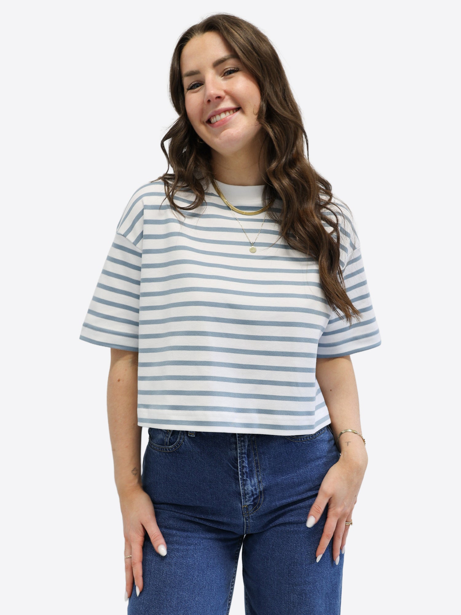 Crop T-Shirt mit Streifen - Blau