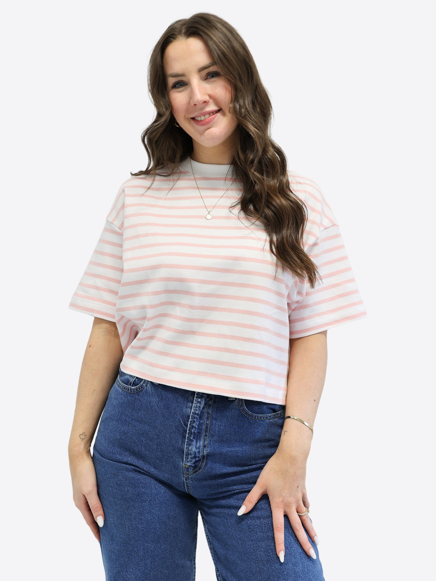 Crop T-Shirt mit Streifen - Rosa