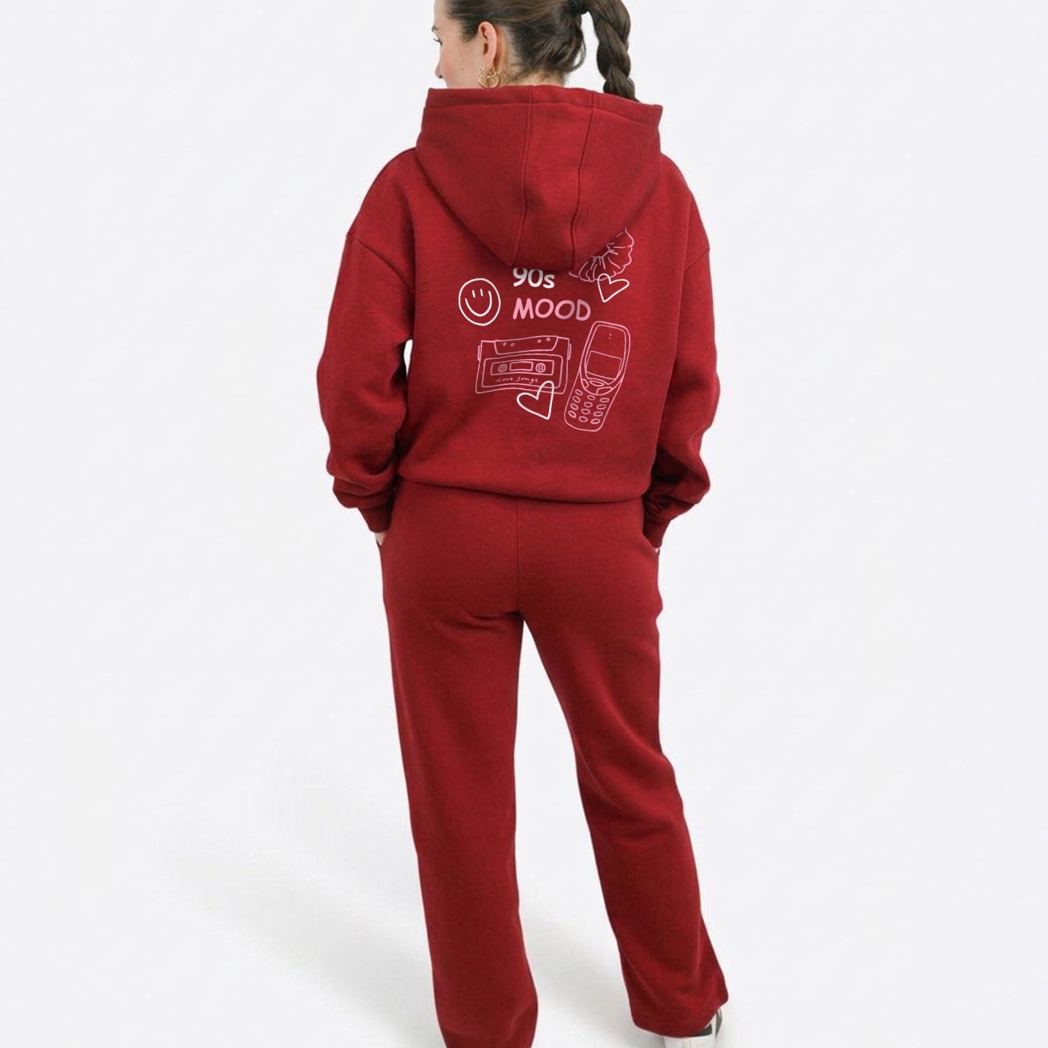 Regular Waistband Hoodie "90's Mood" - Cranberry