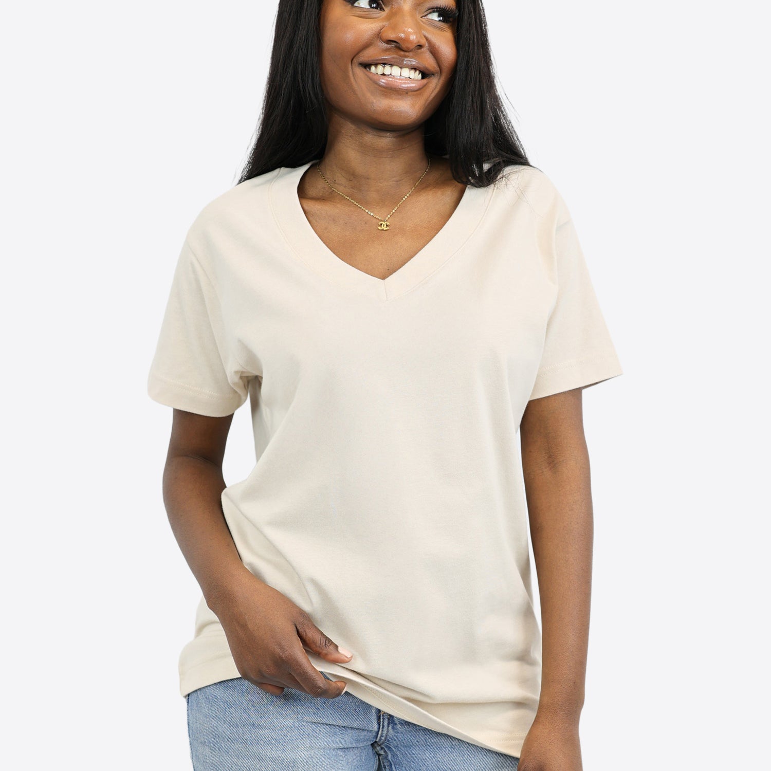 V-Ausschnitt T-Shirt – Beige